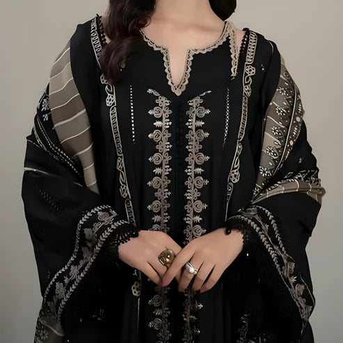 KHADDAR 3PC EMBROIDERED DRESS EMBROIDERED SHAWL A26