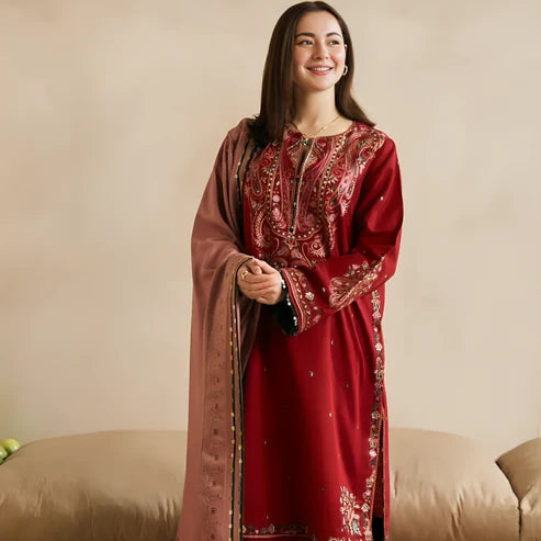 KHADDAR 3PC EMBROIDERED DRESS EMBROIDERED SHAWL A14