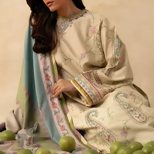 KHADDAR 3PC EMBROIDERED DRESS EMBROIDERED SHAWL A21
